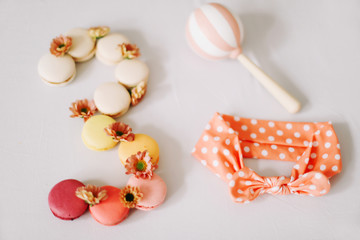 baby shower, baby newborn, three months or three years birthday girl.  Baby girl concept background. little girls birthday gifts