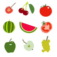 Fruits, vegetables and berries in flat vector
