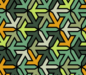 Green geometric islamic pattern with arrows. Color geometric arabic vector texture for cloth, textile, wrapping, wallpaper