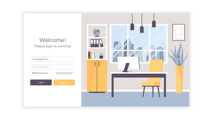 Login page with office illustration. Interface elements for your site.