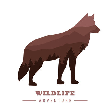 wildlife adventure wolf silhouette with forest landscape vector illustration EPS10