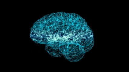 Rotating neon glowing human brain on a transparent background. Wireframe style seamless looped 3d rendering animation with alpha channel - Powered by Adobe