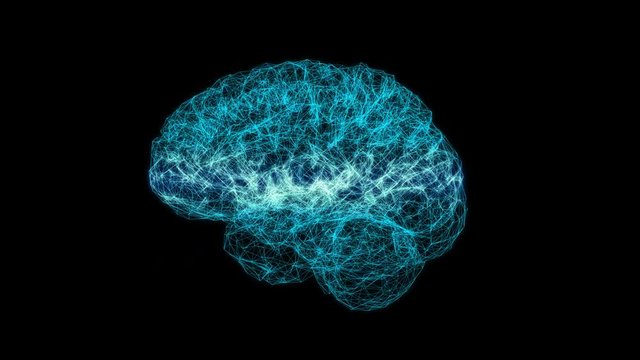 Rotating neon glowing human brain on a transparent background. Wireframe style seamless looped 3d rendering animation with alpha channel