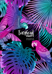 Fototapeta premium Background, party invitation, cover with text box with tropical plants, flowers and birds in neon, fluorescent colors. Vector illustration. Isolated on black background.