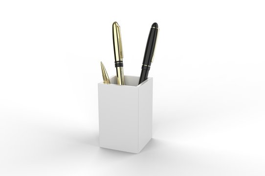 Wood Desk Pen Pencil Holder Stand Multi Purpose Use Cup Pot Desk Organizer For Branding, 3d render illustration.