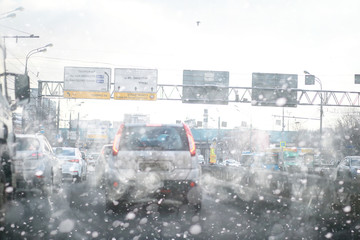 Traffic jam from cars in the city. Streets at rush hour.