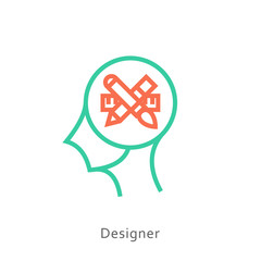 Designer icon concept with pen and brush in the drawing of human brain isolated on white background, vector and illustration