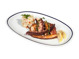 Grilled seafood octopus with rice and lemon