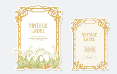 Lily of the valley. Set of 2 labels, decorative frames, borders. Good for product label. Vector illustration. In art nouveau style, vintage, old, retro style. Isolated on white background..