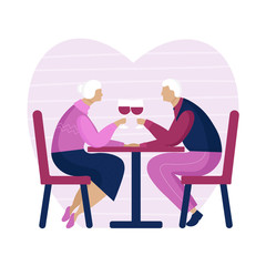 Old couple people have a romantic date. Supper at restaurant. Relationships in old age. Flat isolated vector illustration