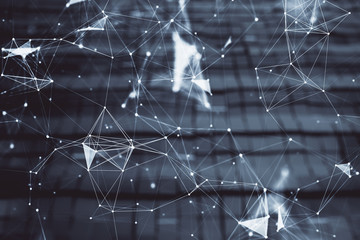 Tech theme hologram and abstract background. Double exposure. Concept technology