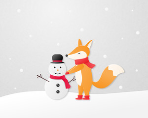 Paper art concept. A happy fox build a snowman on snow field in paper cut style.
