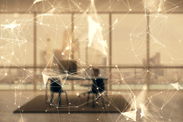 Tech theme abstract hologram and minimalistic cabinet interior background. Double exposure. High technology concept.