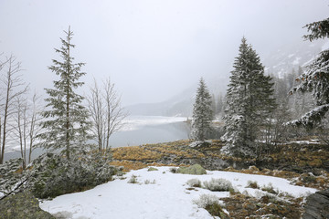 Winter lake and mountains view