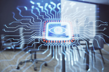 Tech theme abstract hologram and minimalistic cabinet interior background. Double exposure. High...