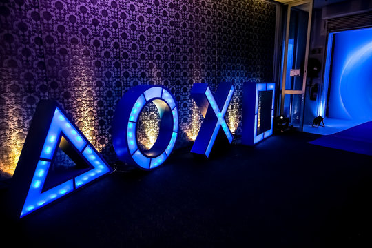 Johannesburg, South Africa - December 10, 2013: Play Station illuminated icons at PS4 launch event