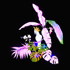 A composition of tropical plants, palm leaves, monsters and white orchids with cockatoo parrot In botanical style Colored vector illustration in neon, fluorescent colors. Colored and outline design. © Elen  Lane