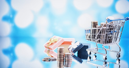 Background shopping trolley. Concept of shopping for groceries and things. Weekend shop.