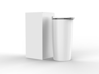 Blank Stainless Steel Tumbler with Lid And Hard Box For branding mock up. 3d render illustration.