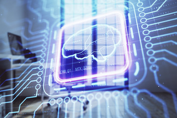 Brain sign hologram with minimalistic cabinet background. Double exposure. Ai concept.