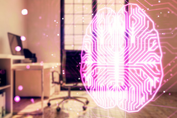 Brain sign hologram with minimalistic cabinet background. Double exposure. Ai concept.