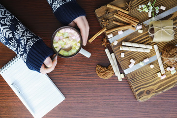 Winter breakfast. A cup of hot chocolate with marshmallows and freshly baked cookies. Gingerbread cookie and coffee.