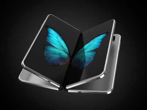 Concept of two foldable smartphone folded and placed next to each other with butterfly image on screens. Flexible smartphone isolated on black background. 3D rendering