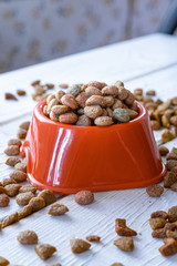 Fresh and natural dry pet food in a orange plastic bowl