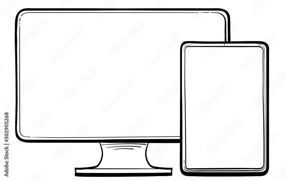 Poster pc monitor and tablet computer hand drawn vector icon