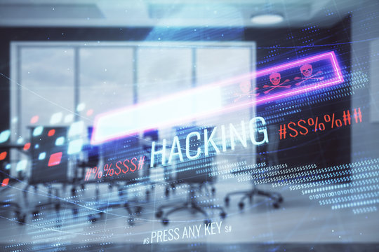 Double exposure of hacking theme hologram on conference room background. Concept of cyberpiracy