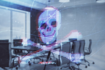 Double exposure of hacking theme hologram on conference room background. Concept of cyberpiracy