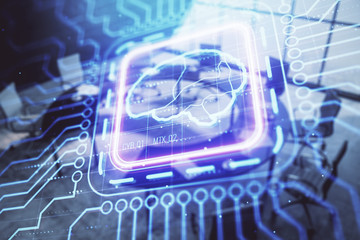 Double exposure of brain drawing hologram on conference room background. Concept of data analysis