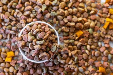 Top view of colorful dry pet food in a white ceramic bowl
