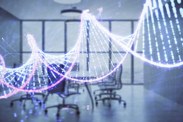 Double exposure of DNA hologram on conference room background. Concept of education