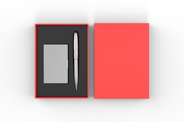 Vising card holder and pen gift set box, 3d render illustration.