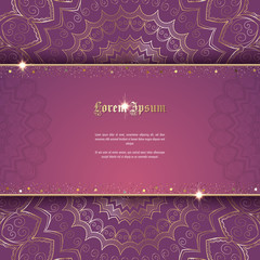 Greeting card or invitation template with golden ornament and confetti. Design for any purposes: wedding, birthday, anniversary or christmas