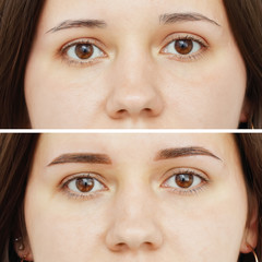 Photo comparison before and after permanent makeup, tattooing of eyebrows