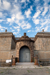 View of the entrance gate to the old Rapitan Artillery Fort, in Jaca (Spain), with sunset light.