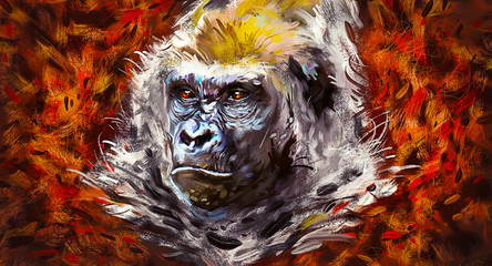 Beautiful portrait of a gorilla. Painted face of a gorilla on a vivid background. Oil paint style.
