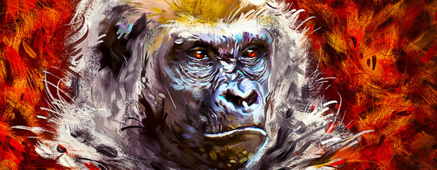 Beautiful portrait of a gorilla. Painted face of a gorilla on a vivid background. Oil paint style.