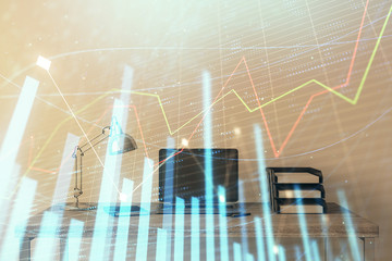 Stock market chart and desktop office computer background. Multi exposure. Concept of financial analysis.