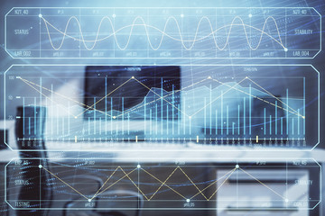 Stock market chart and desktop office computer background. Multi exposure. Concept of financial...