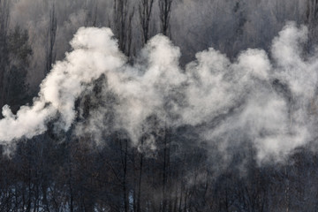 Smoke from the chimney of a house at dawn of the sun