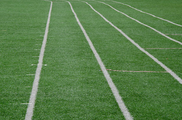 Obraz premium white line as running lane on the green grass