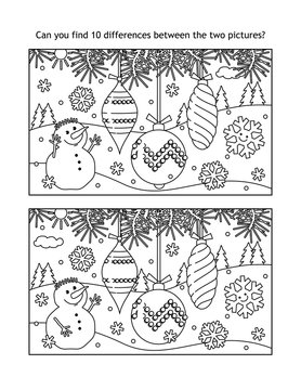 Winter holidays find the ten differences picture puzzle and coloring page with christmas tree ornaments and happy snowman