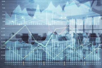 Stock and bond market graph with trading desk bank office interior on background. Multi exposure. Concept of financial analysis