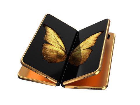 Concept of two foldable smartphone folded and placed next to each other with golden butterfly image on screens. Flexible smartphone isolated on white background. 3D rendering