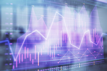 Stock and bond market graph with trading desk bank office interior on background. Multi exposure. Concept of financial analysis