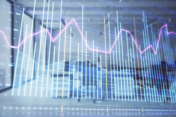 Stock and bond market graph with trading desk bank office interior on background. Multi exposure. Concept of financial analysis