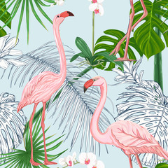 Seamless pattern, background. with tropical plants and flowers with white orchid and tropical birds on sky blue background.. Colored and outline design. Vector illustration..